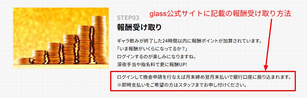 glass公式に記載された終了後24時間以内のポイント加算から月末締め翌月末払いの銀行振込までの流れ